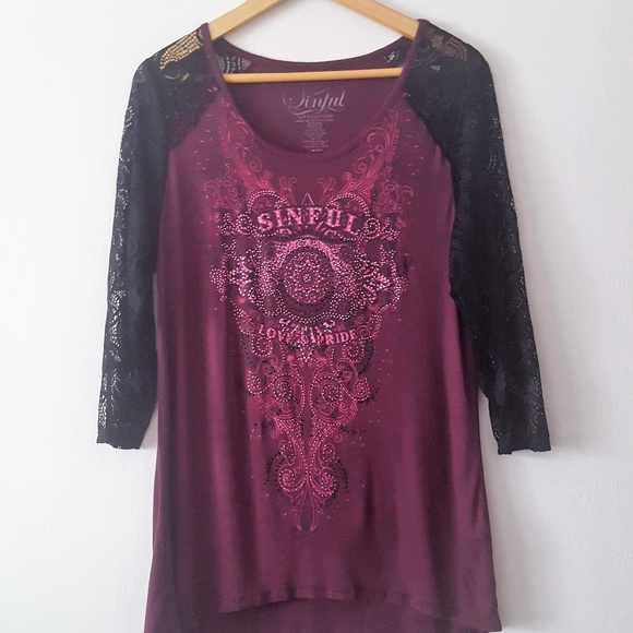 Sinful Tops - SINFUL BY AFFLICTION GRAPHIC BLING & LACE TOP